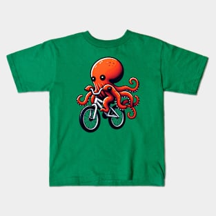 Red Octopus on a Bike Kids T-Shirt